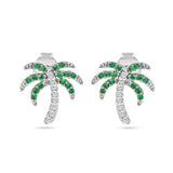 Sterling Silver Rhodium Plated PalmTree Clear, Green and Black CZ Stud Earrings