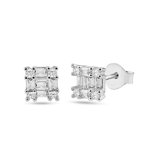 Sterling Silver Rhodium Plated Square Clear CZ 6.3mm Stud Earrings