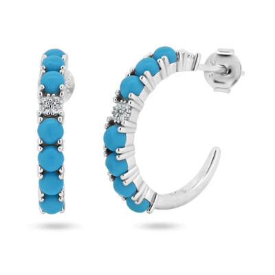 Sterling Silver Rhodium Plated Turquoise CZ Semi Hoop Earrings
