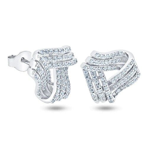Sterling Silver Rhodium Plated 3 Layer Knot CZ Stud Earrings