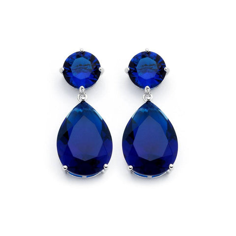 Sterling Silver Rhodium Plated Blue Sapphire Round Teardrop Shaped Dangling Stud Earrings