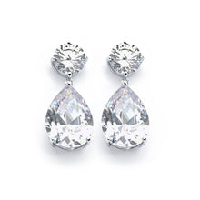 Load image into Gallery viewer, Sterling Silver Rhodium Plated Clear Round Teardrop Shaped Dangling Stud Earrings