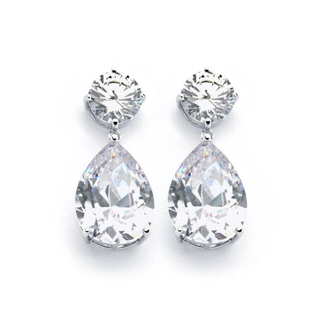 Sterling Silver Rhodium Plated Clear Round Teardrop Shaped Dangling Stud Earrings