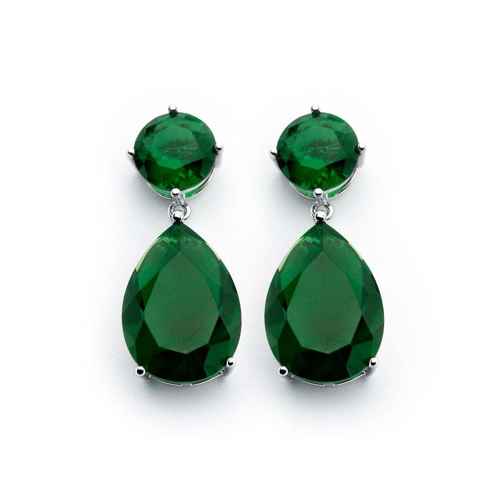 Sterling Silver Rhodium Plated Emerald Green Round Teardrop Shaped Dangling Stud Earrings