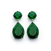 Load image into Gallery viewer, Sterling Silver Rhodium Plated Emerald Green Round Teardrop Shaped Dangling Stud Earrings