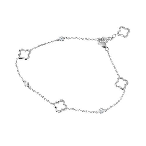 Sterling Silver Rhodium Plated Open Flower Anklet