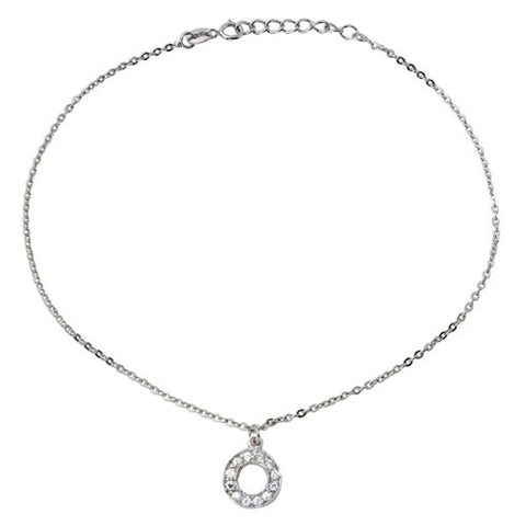 Sterling Silver Rhodium Plated Dangling Open Circle With CZ Anklet