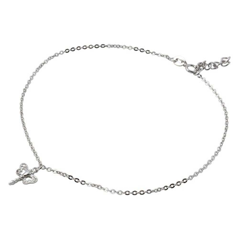 Sterling Silver Rhodium Plated Dangling Dragonly Anklet With CZ