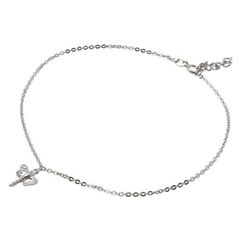 Sterling Silver Rhodium Plated Dangling Dragonly Anklet With CZ