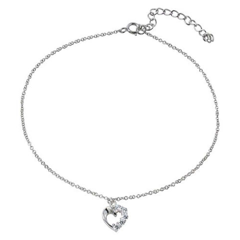 Sterling Silver Rhodium Plated Dangling Curved Open Heart With CZ Anklet