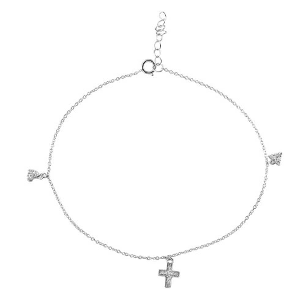 Sterling Silver Rhodium Plated Heart Cross And Triangle Drop Anklet