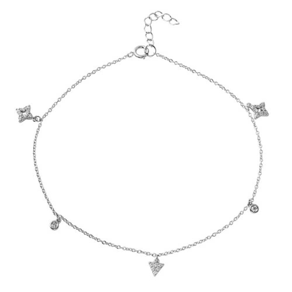 Sterling Silver Rhodium Plated Triangle And Rhombus Drop Anklet With CZ