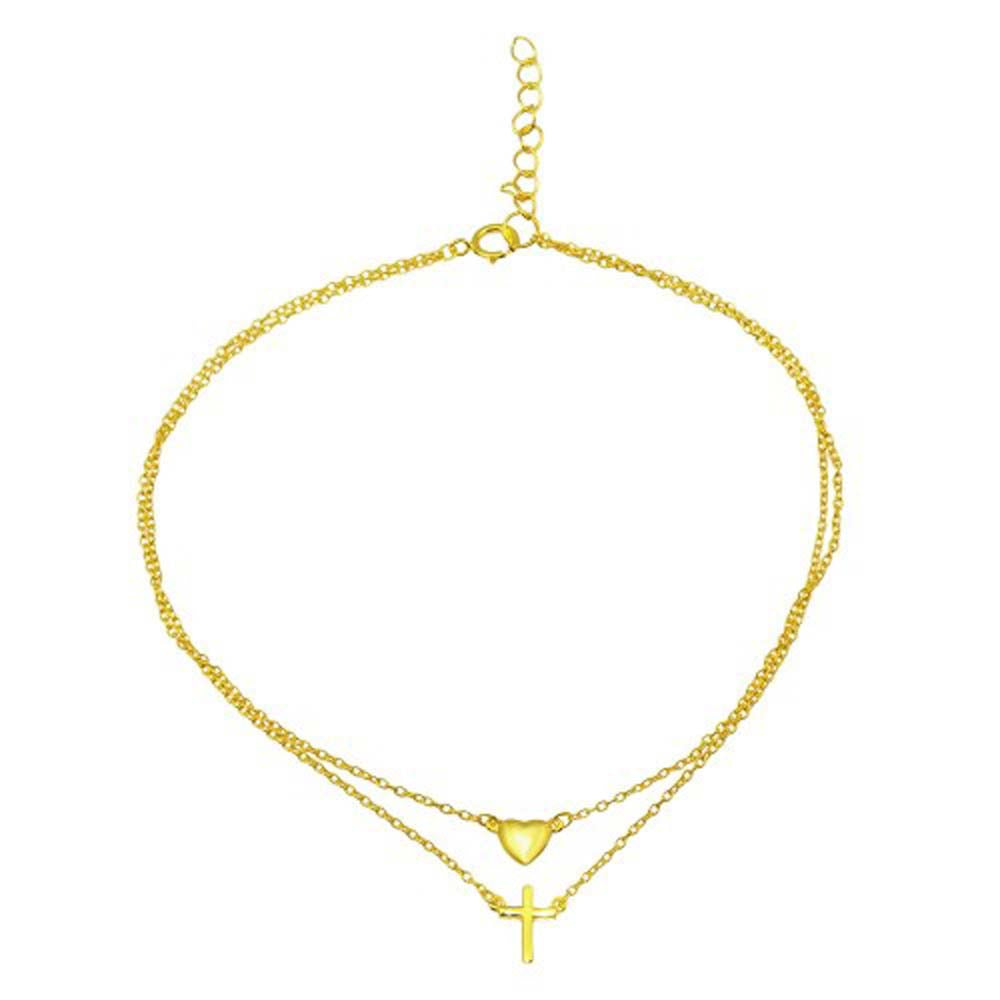 Sterling Silver Gold Plated Double Chain Cross and Heart Anklet
