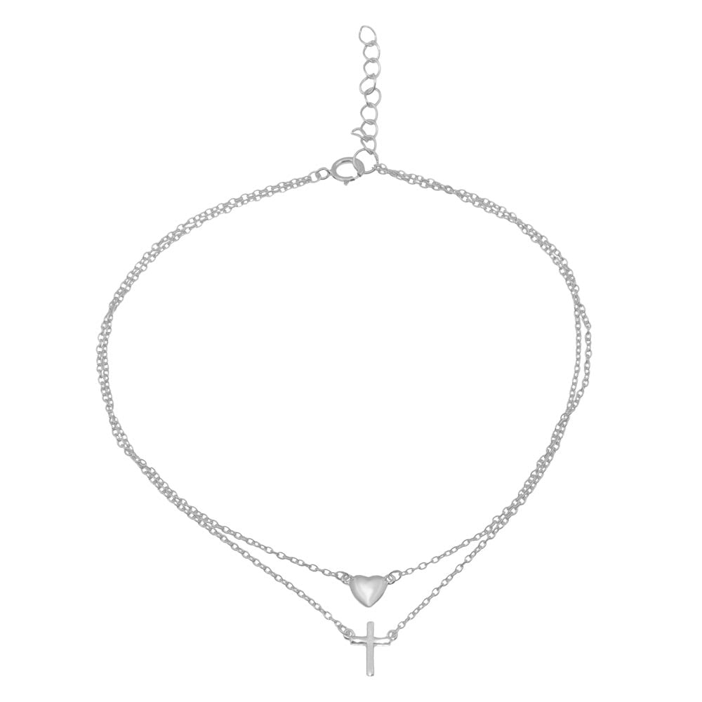 Sterling Silver Rhodium Plated Double Chain Heart and Cross Anklet