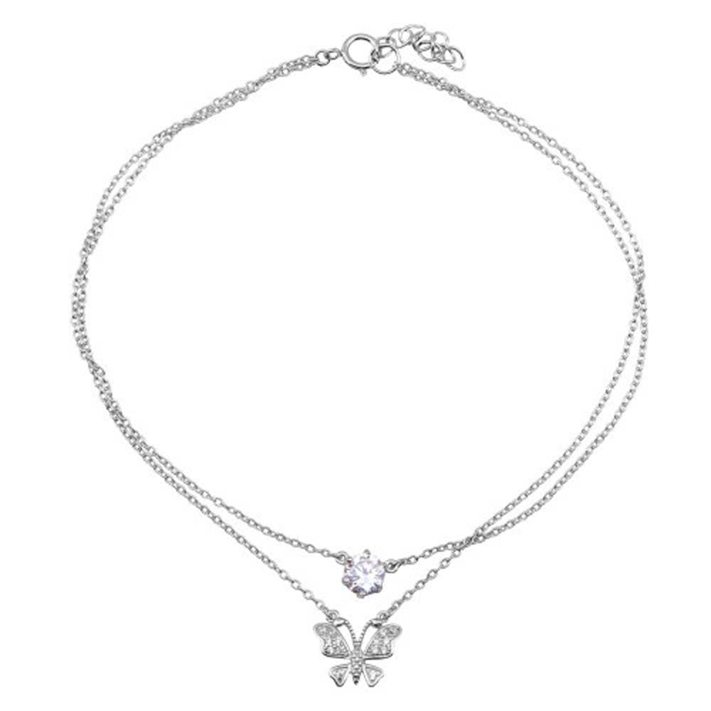 Sterling Silver Rhodium Plated Double Chain Anklet With Butterfly And CZ