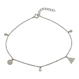 Sterling Silver Rhodium Plated Circle And Triangle Charm Anklet With CZ