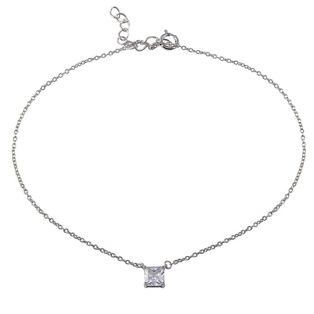Sterling Silver Rhodium Plated Square CZ Anklet
