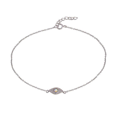 Sterling Silver Rhodium Plated Evil Eye CZ Opal Anklets