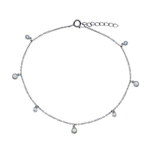 Sterling Silver Rhodium Plated Dangling CZ MOP Link Anklet