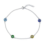 Sterling Silver Rhodium Plated Evil Eye Charm Anklet