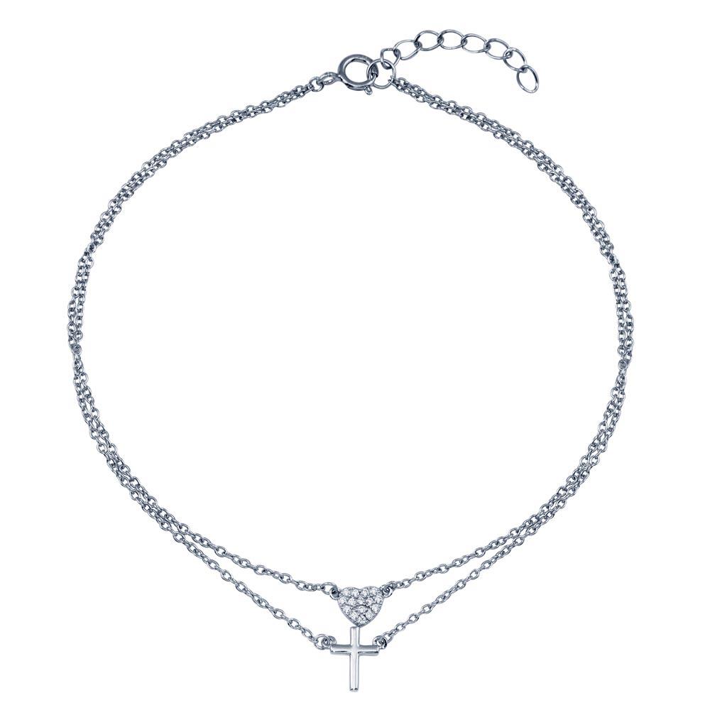 Sterling Silver Rhodium Plated Double Row CZ Heart Cross Anklet