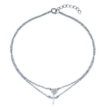 Load image into Gallery viewer, Sterling Silver Rhodium Plated Double Row CZ Heart Cross Anklet
