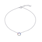 Sterling Silver Rhodium Plated Round Charm Multicolor CZ Anklet