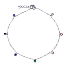 Load image into Gallery viewer, Sterling Silver Rhodium Plated Multi Color CZ Dangling Anklet