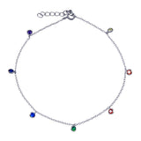 Sterling Silver Rhodium Plated Multi Color CZ Dangling Anklet
