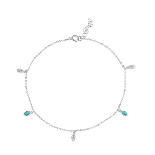 Sterling Silver Rhodium Plated Teardrop Charm Turquoise and Clear CZ Anklet