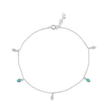 Sterling Silver Rhodium Plated Teardrop Charm Turquioise and Clear CZ Anklet