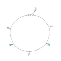 Sterling Silver Rhodium Plated Teardrop Charm Turquioise and Clear CZ Anklet