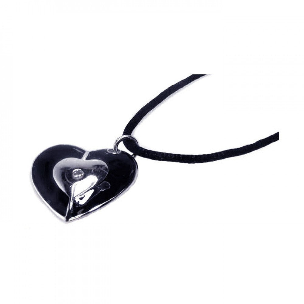 Black Cord Necklace with Sterling Silver Black Enamel Heart with Centered Single Clear Cz Pendant