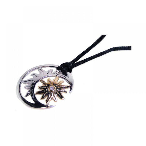 Sterling Silver Rhodium and Gold Plated Sun Moon Clear CZ Black Cord Pendant Necklace