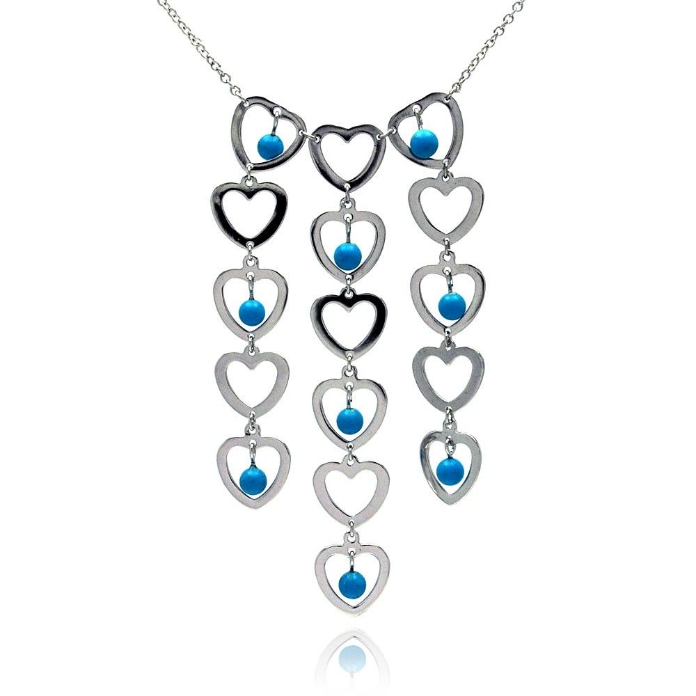 Sterling Silver Necklace with Classy Three Row Multi Heart and Turquoise Stone Dangling Pendant