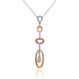 Sterling Silver Necklace with Dangling Three Toned Oval Linked Pendant Inlaid with Multi-Colored Czs