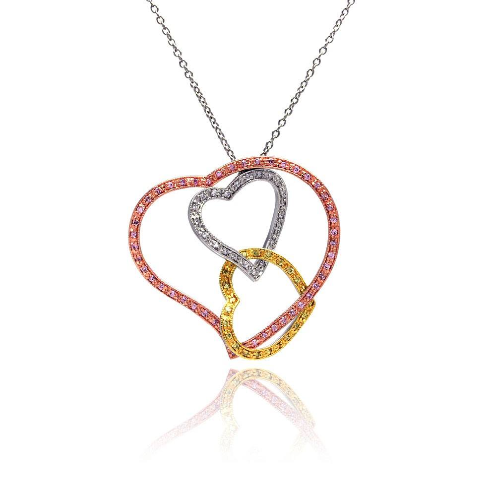 Sterling Silver Necklace with Three-Toned Open Heart Link Inlaid with Multi-Color Czs Pendant