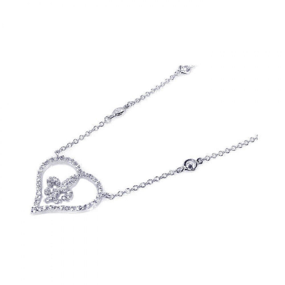 Sterling Silver Necklace with Cz Connectors and Fancy Paved Heart with Fleur De Lis Pendant