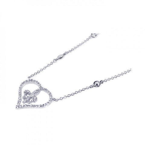 Sterling Silver Necklace with Cz Connectors and Fancy Paved Heart with Fleur De Lis Pendant