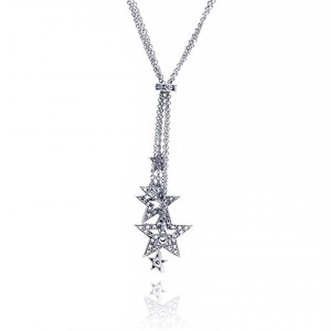 Sterling Silver Multi Strand Lariat Necklace with Multi Paved Star Pendant