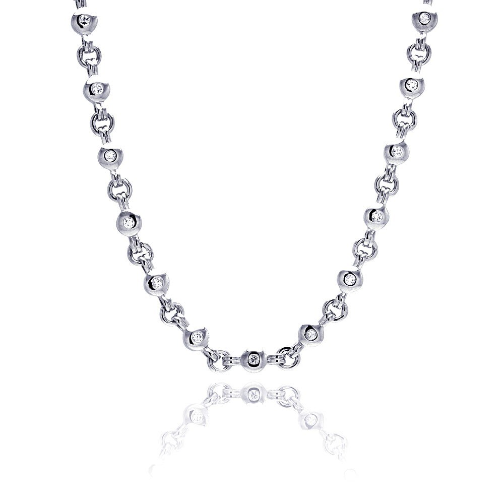 Sterling Silver Classy Round Cz Bezel Linked Necklace