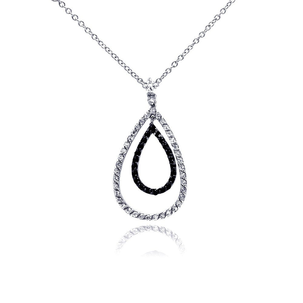 Sterling Silver Necklace with Paved Black and Clear Czs Double Teardrop Pendant