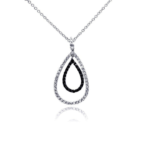 Sterling Silver Necklace with Paved Black and Clear Czs Double Teardrop Pendant
