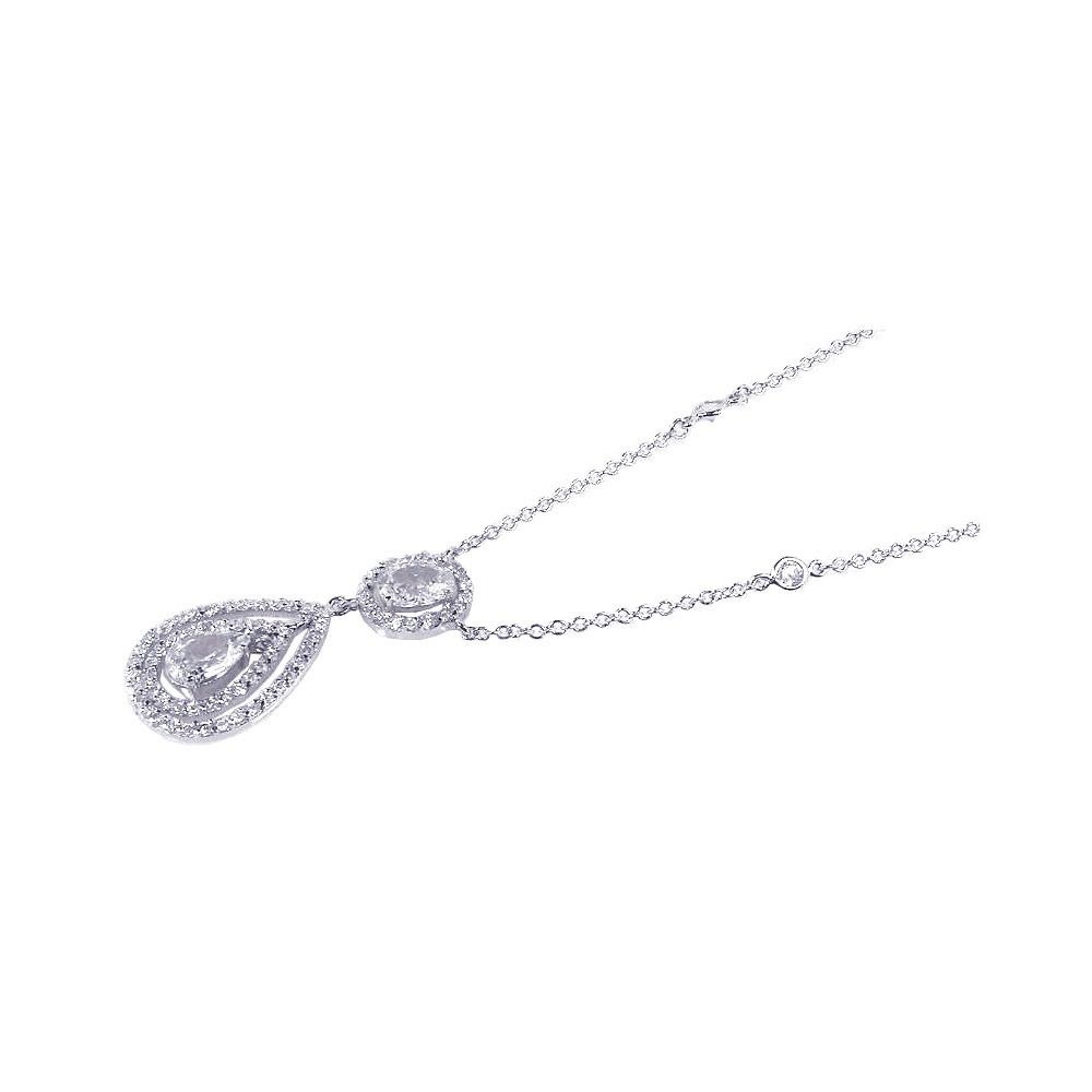 Sterling Silver Necklace with Elegant Oval and Pearshape Cut Clear Cz Pendant