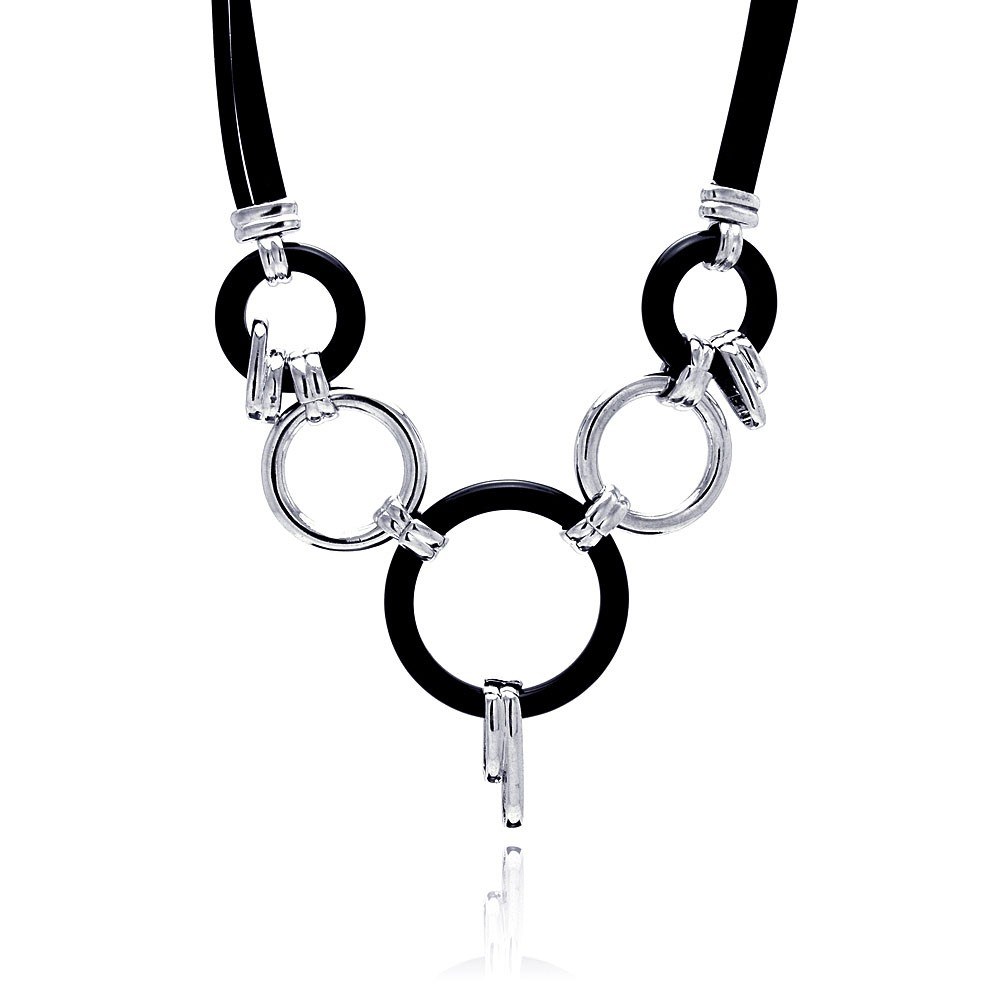 Sterling Silver Black Cord Necklace with Black Rubber and Rhodium Plated Circle Pendant