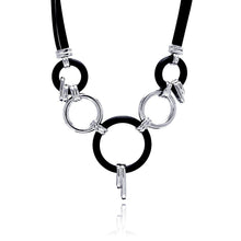 Load image into Gallery viewer, Sterling Silver Black Cord Necklace with Black Rubber and Rhodium Plated Circle Pendant