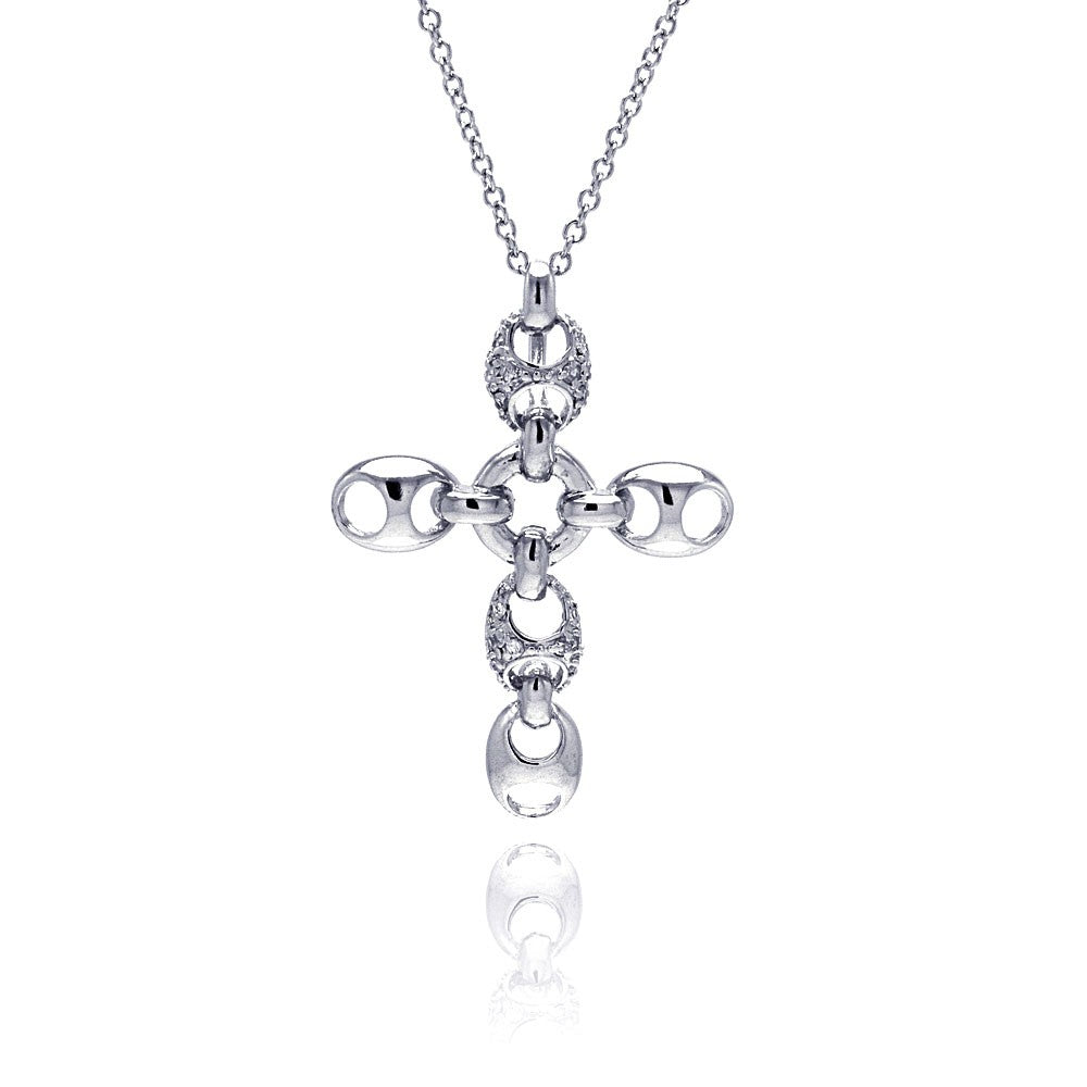 Sterling Silver Rhodium Plated Open Oval Clear CZ Cross Pendant Necklace