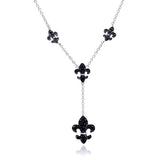 Sterling Silver Fancy Necklace with Black Rhodium Plated Fleur De Lis Inlaid with Black Czs Pendant