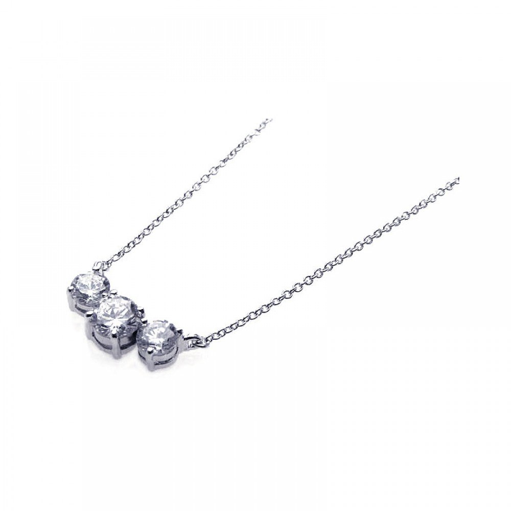 Sterling Silver Necklace with Three Solitaire Round Cut Clear Cz Pendant