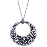 Sterling Silver Necklace with Black Rhodium Plated Open Circle Pendant Inlaid with Flower Vine Design